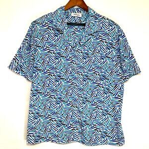 Vintage Worthington Blue Geometric Coastal Short Sleeve Top Plus 14 Collared‎